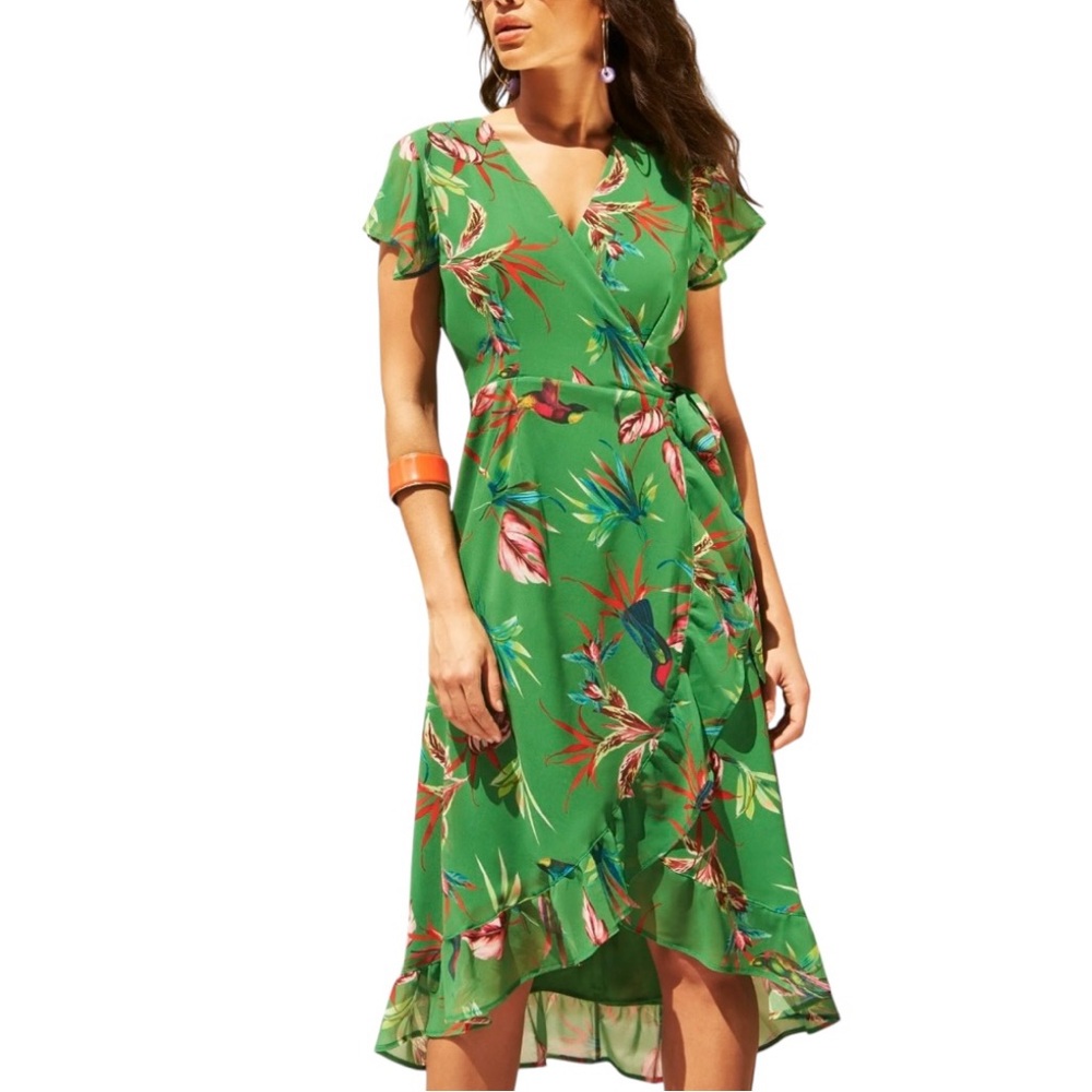 New York & Company Green Tropical Floral Wrap Dress